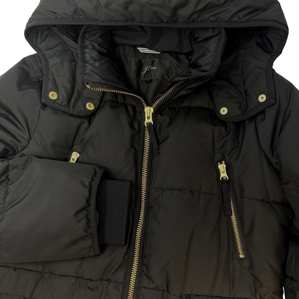 J.Crew Womens XS Primaloft Puffer Parka Jacket Black Gold Hardware Hooded